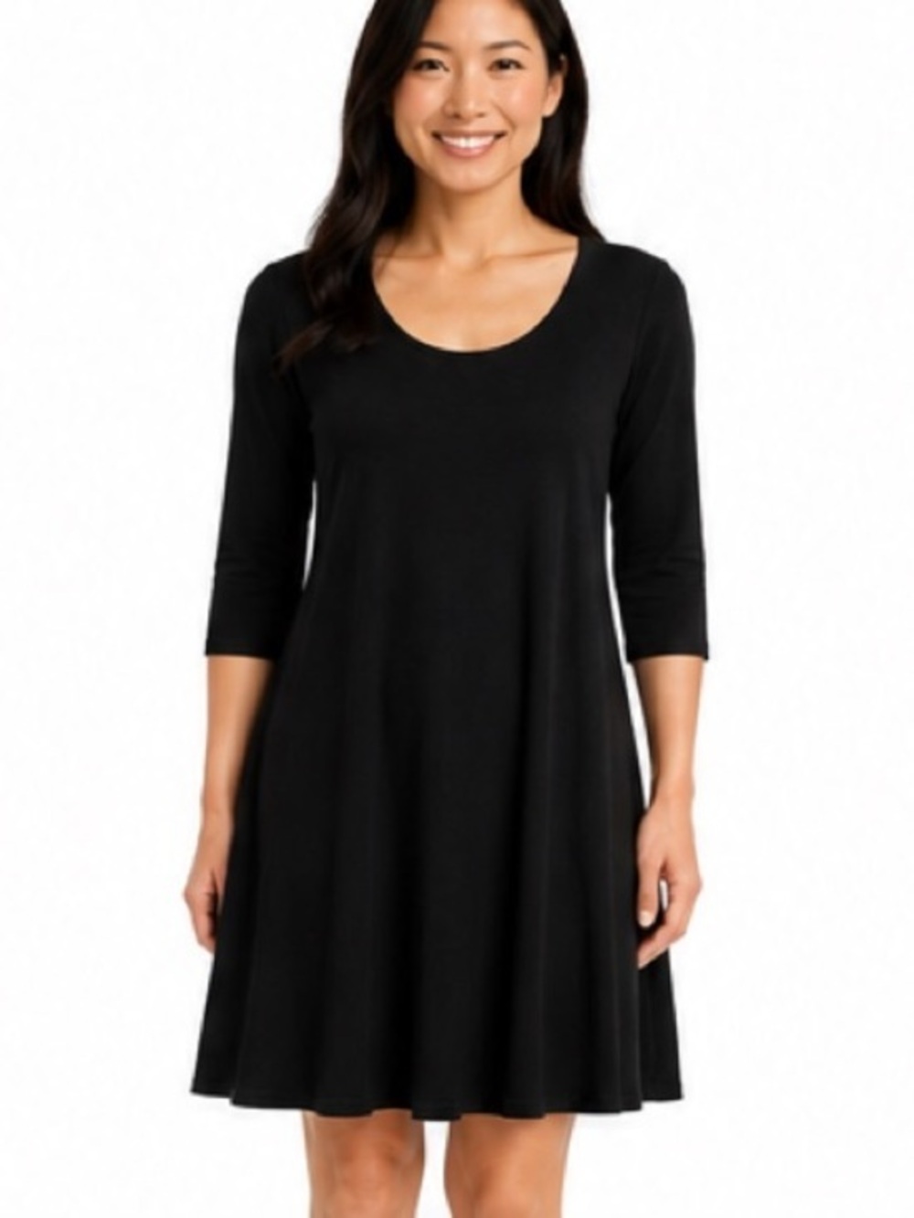Eileen Fisher Black Jersey Swing Dress Small 3/4 Sleeve Stretch Minimalist